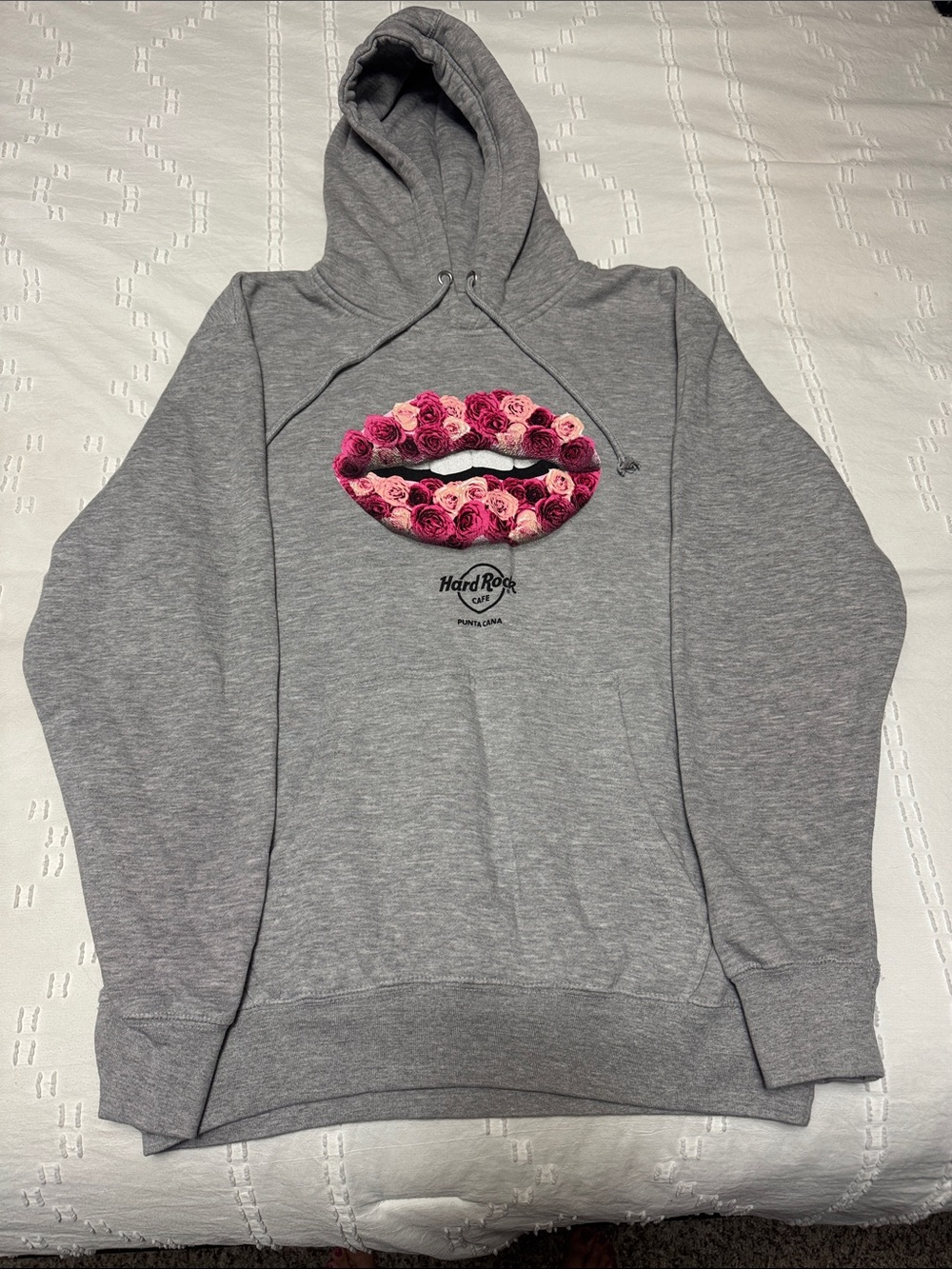 Hard Rock Cafe Gray Hoodie size Medium with Pink Floral Lips Graphic